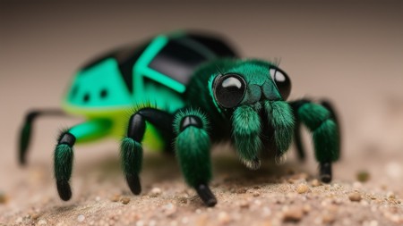 close up of a green and black spider on the ground with its eyes open