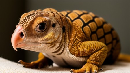 close up of a small lizard on a bed with a white blanket