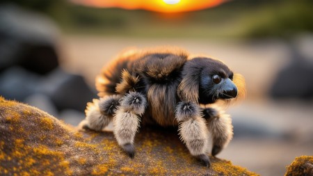 spider sitting on top of a rock with a sunset in the background