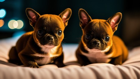 two small brown puppies sitting on top of a white bed next to each other