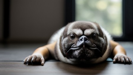 pug dog laying on the floor with its mouth open and tongue hanging out