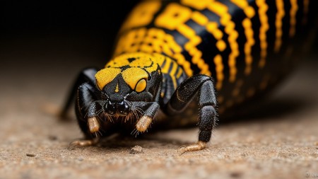 close up of a black and yellow bug on the ground with its eyes open