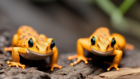 two yellow and black frog sitting next to each other on a rock