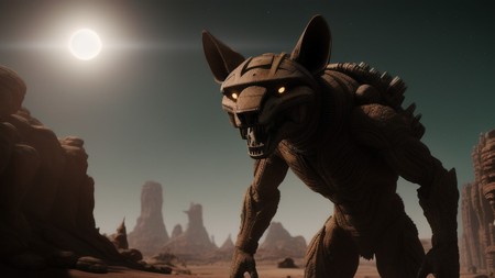 creature with sharp teeth standing in a desert with a full moon in the background