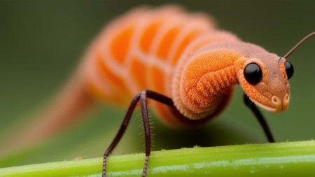 close up of an orange insect on a green stem with a blurry background