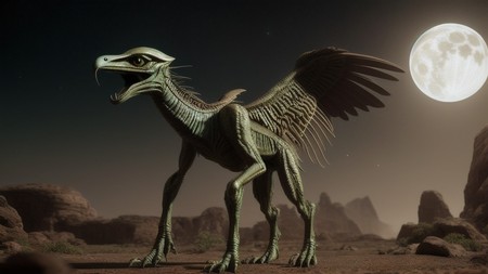 creature with large wings standing in the desert at night with a full moon in the background