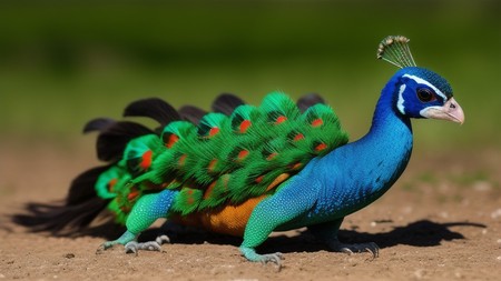 colorful bird with feathers on its back standing on a dirt ground