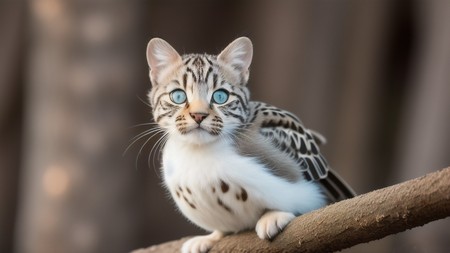 cat sitting on top of a tree branch with big blue eyes