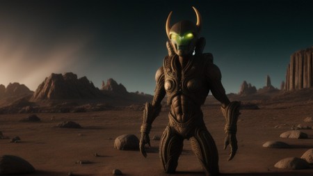 an alien creature with glowing eyes standing in the middle of a desert