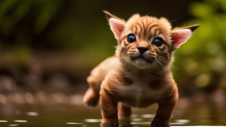 small kitten with blue eyes standing in the water and looking at the camera