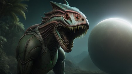 an alien creature with its mouth open standing in front of a planet