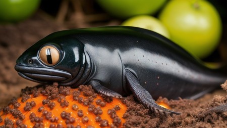 close up of a fish laying on top of a pile of dirt