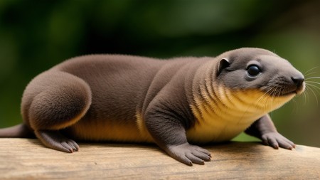 close up of a small animal on a wooden surface with trees in the background