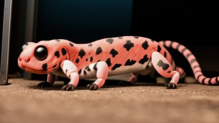 pink and black gecko sitting on the floor next to a door