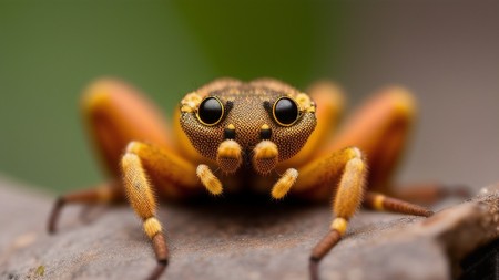 close up of a yellow spider on a tree branch with a blurry background