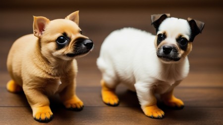 couple of small dogs standing next to each other on a wooden floor