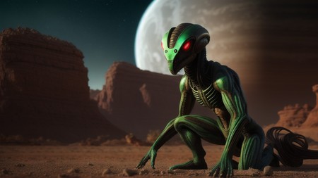 green alien sitting on the ground in front of a full moon