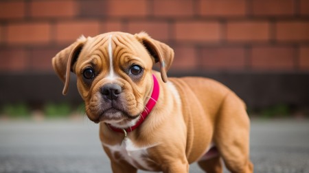 small brown and white dog standing in front of a brick wall