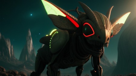futuristic creature with glowing eyes standing in the middle of a field