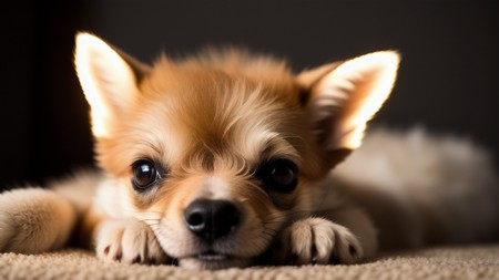 small brown dog laying on top of a white carpet next to a wall