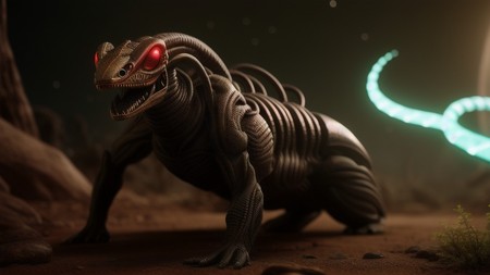 close up of a creature with glowing eyes and a glowing tail