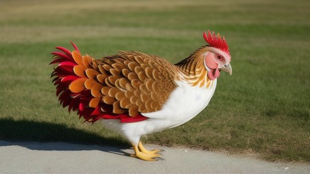 brown and white chicken standing on top of a grass covered field