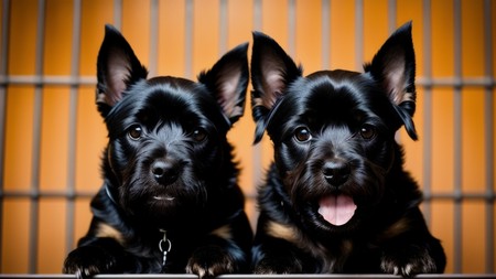 two black dogs sitting next to each other in front of a cage