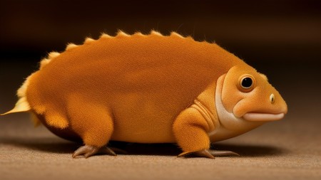 small orange animal standing on top of a wooden floor next to a wall