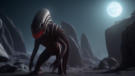 an alien creature standing in a rocky area with a full moon in the background