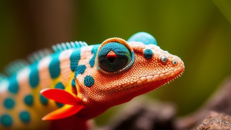 close up of a gecko with blue and orange spots on it's face