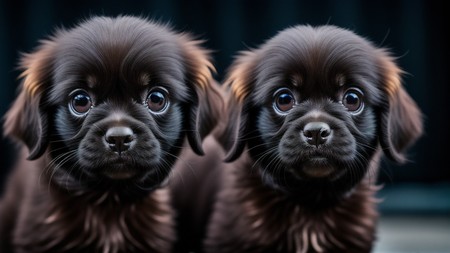 couple of brown puppies sitting next to each other in front of a black background