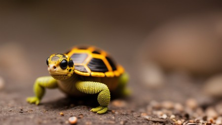 close up of a small turtle on a dirt ground with rocks