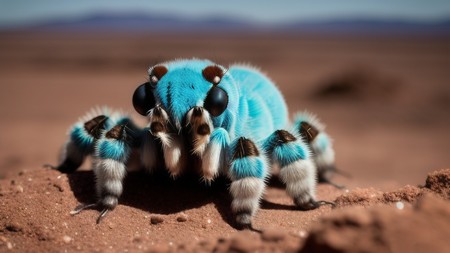 blue and white striped spider sitting on top of a dirt field