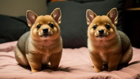 couple of puppies sitting on top of a bed next to each other