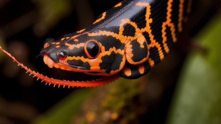 close up of an orange and black snake with a long tongue