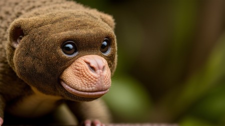 close up of a stuffed monkey with big eyes and a smile on it's face