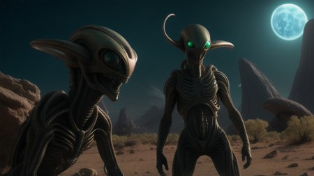 two alien men standing in the desert with a full moon in the background