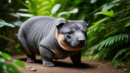 small animal standing on a dirt road in the jungle with green plants