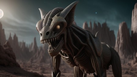 an alien creature standing in the middle of a desert with a full moon in the background