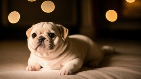 small pug dog sitting on a bed with lights in the background