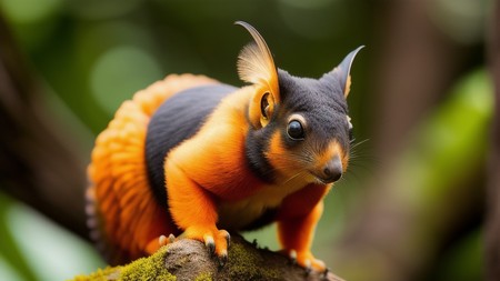 an orange and black animal sitting on top of a moss covered tree branch