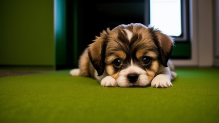 brown and white puppy laying on top of a green floor next to a window