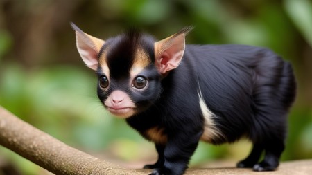 small animal standing on top of a tree branch next to a forest