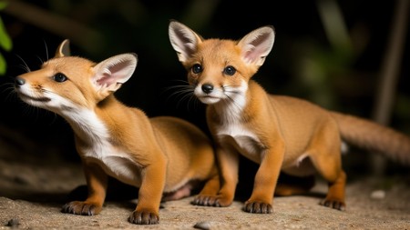 couple of foxes standing next to each other on a dirt ground