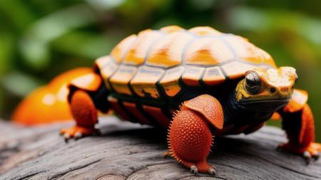 an orange and black turtle sitting on top of a tree branch with oranges in the background