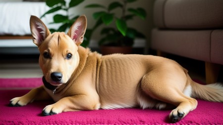 brown dog laying on top of a pink rug next to a couch