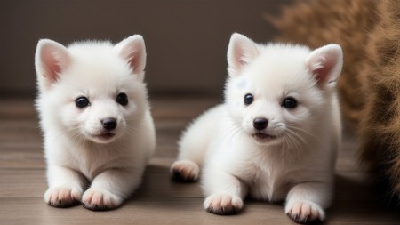 two small white puppies sitting on a wooden floor next to each other