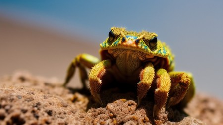 close up of a crab on a rock with a blue sky in the background