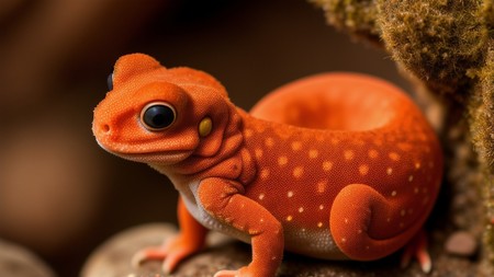 an orange geckol sitting on a rock with moss growing on it