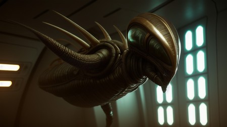 close up of an alien like creature in a room with windows